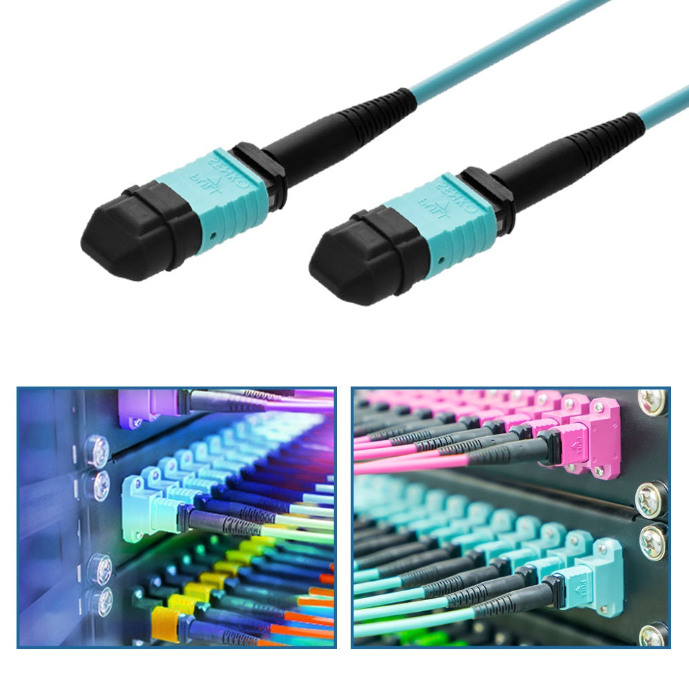 MPO OM3 Multimode 12-Fiber F to F Type B Aqua OFNR MPO OM3 Multimode 12-Fiber F to F Type B Aqua OFNR